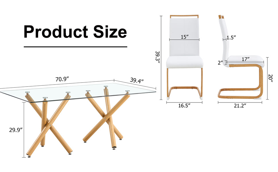 1 Table And 6 Chairs. Glass Dining Table With 0.39 "Tempered Glass Tabletop And Wooden Metal Legs. White Pu Leather High Backrest Soft Padded Side Chair With C Shaped Tube Chrome Metal Leg Transparent Glass