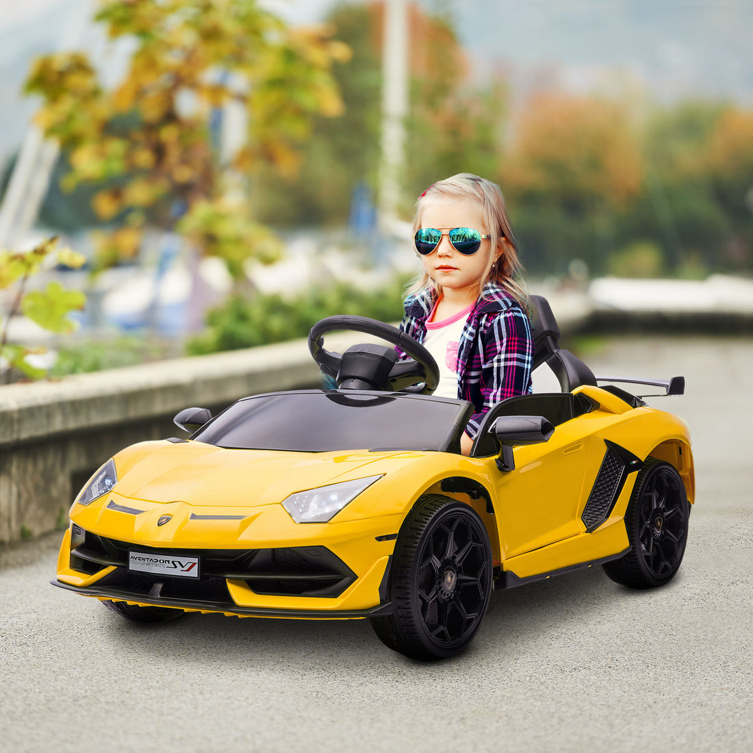 Aosom Lamborghini Aventador Licensed Kids Ride On Car With Scissor Doors, Easy Transport, 12V Electric Car For Kids With Remote Control, Suspension System, Horn, Music, Lights, Yellow Yellow Steel