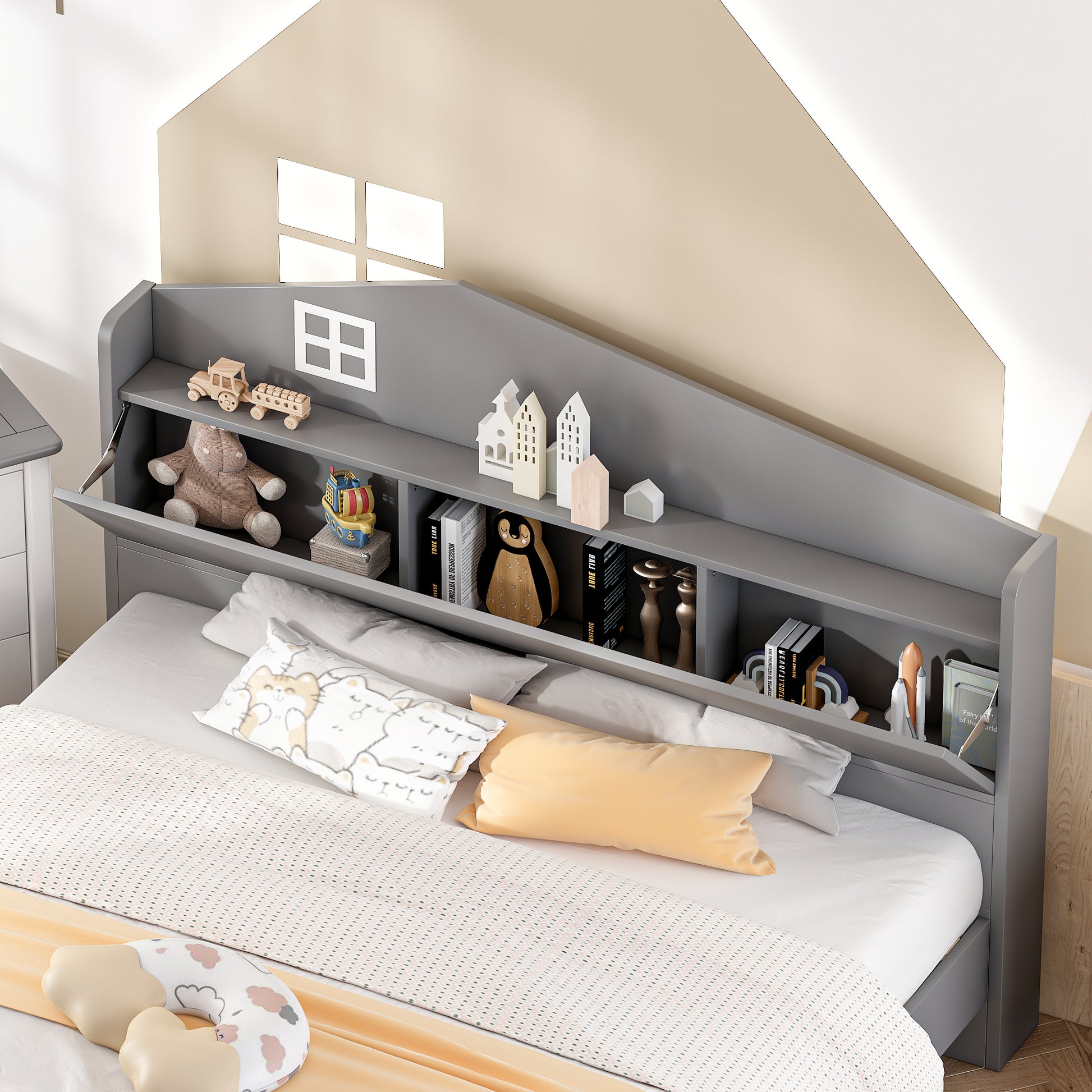 Wooden Twin Size House Bed With Storage Headboard ,Kids Bed With Storage Shelf,Grey Grey Wood