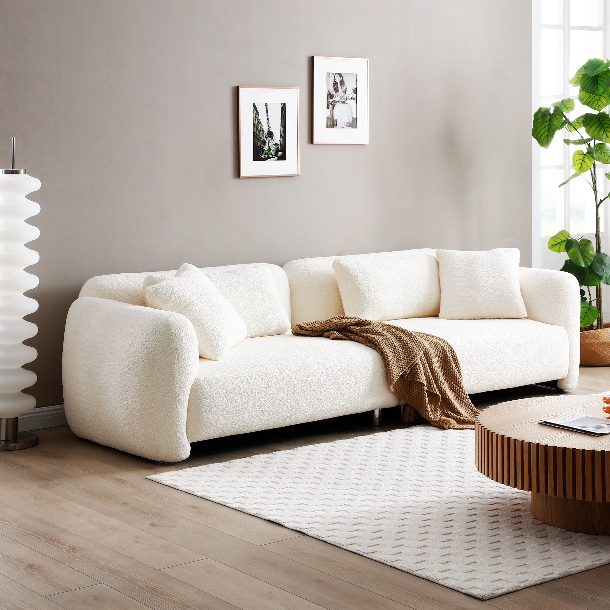 110.23'' Oversized Sofa Comfy Teddy Boucl Couch With 4 Pillows Premium 3 Seater Bubble Couch For Living Room Bedroom,Home Office Beige Beige Teddy