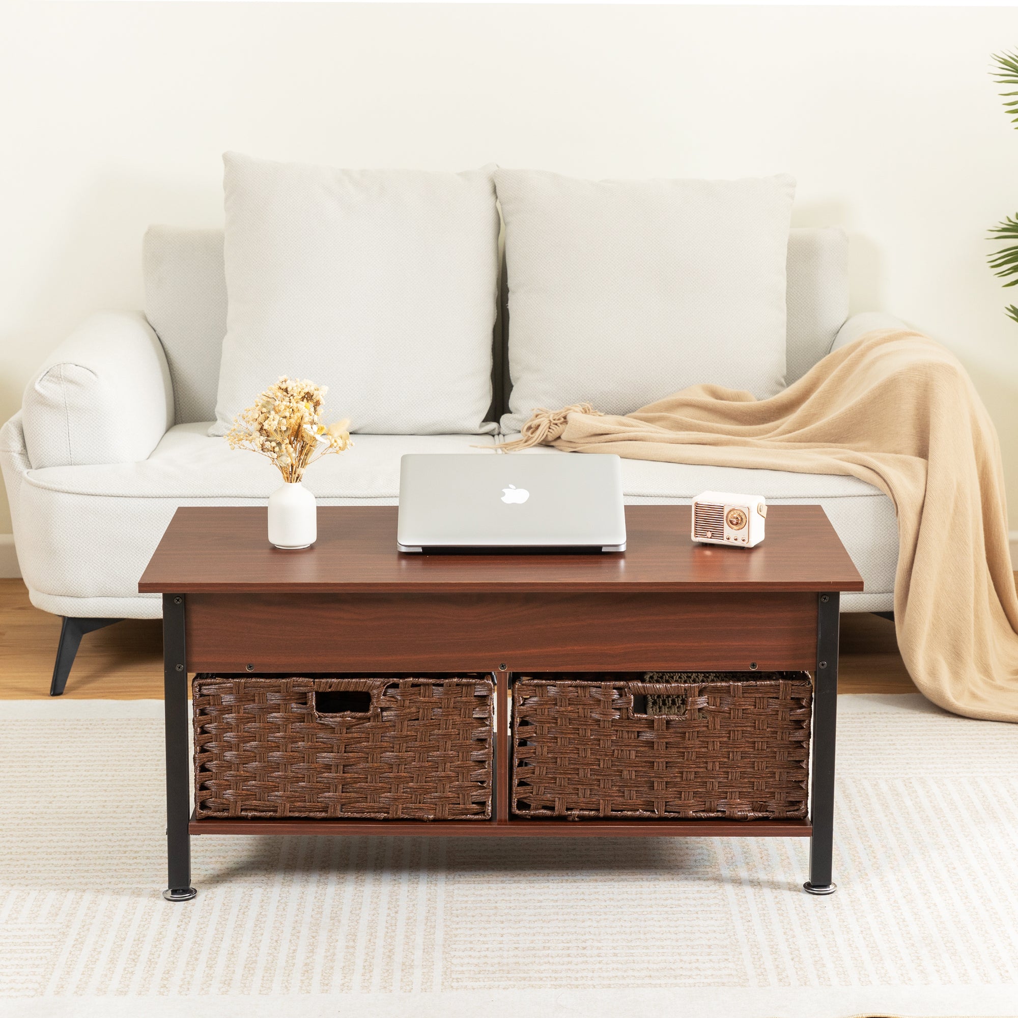 Metal Coffee Table,Desk,With A Lifting Table,And Hidden Storage Space.There Were Two Removable Wicker Baskets That Could Be Placed In Any Space Such As The Living Room,Color:Brownwith Solid Wood Grain Brown Height Adjustable & Standing Desks Primary