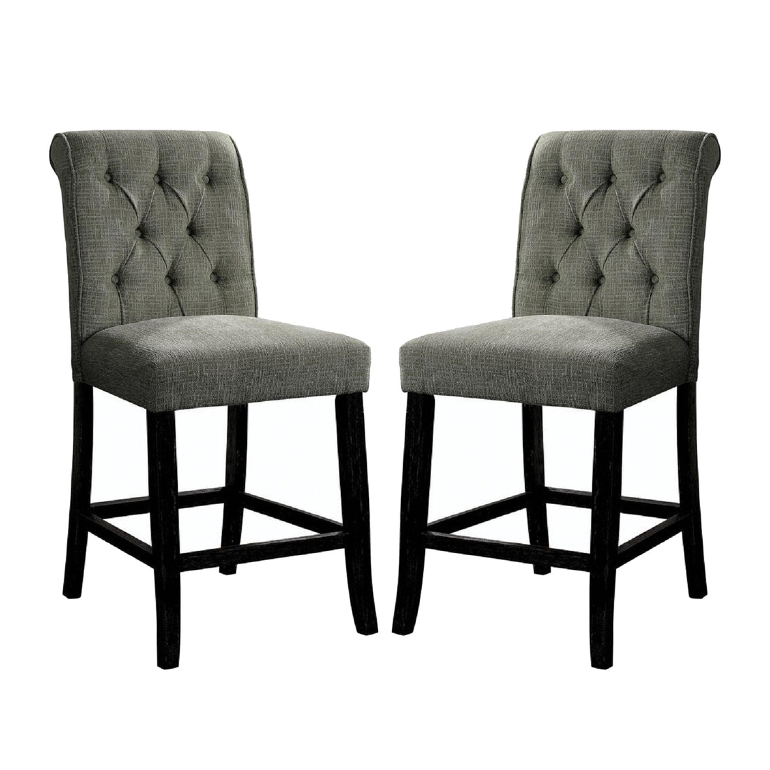 Set Of 2 Fabric Upholstered Dining Chairs In Antique Black And Gray Solid Antique Black Dining Room Wood Fabric