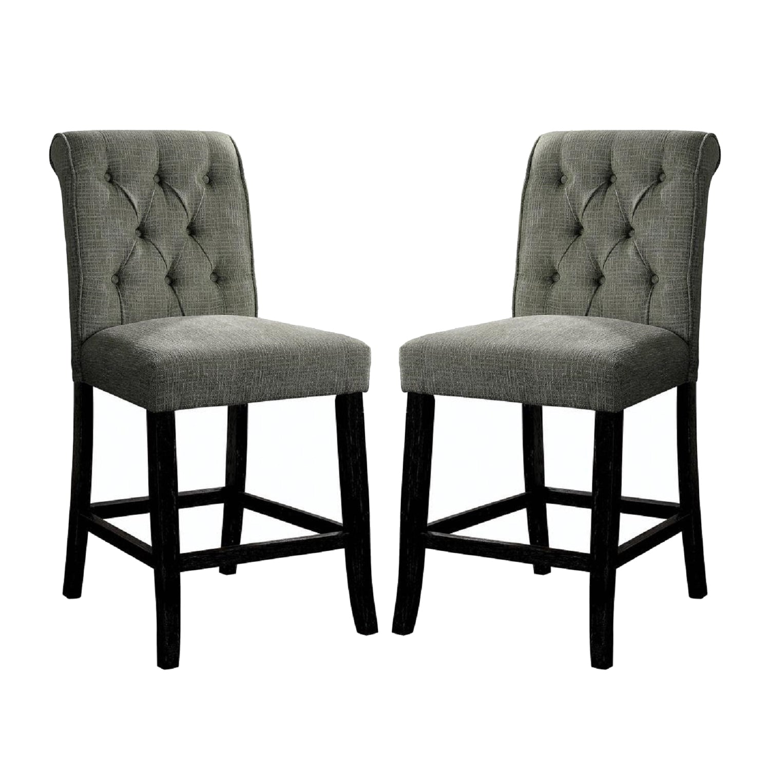 Set Of 2 Fabric Upholstered Dining Chairs In Antique Black And Gray Solid Antique Black Dining Room Wood Fabric
