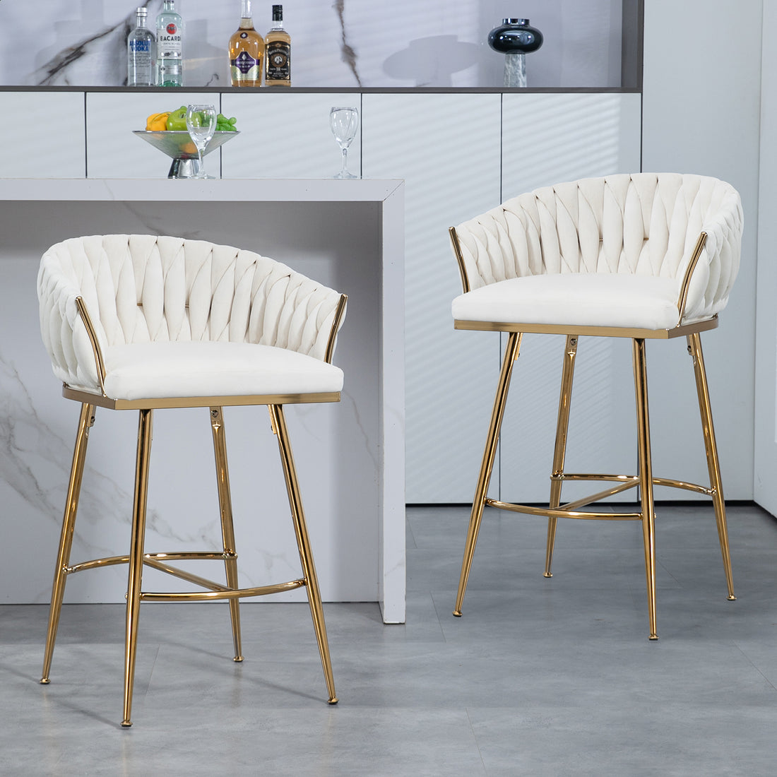 26'' Counter Height Bar Stools Velvet Kitchen Island Counter Bar Stool With Hand Wave Back,Golden Chromed Base And Footrest Beige Beige Kitchen Modern Foam Velvet