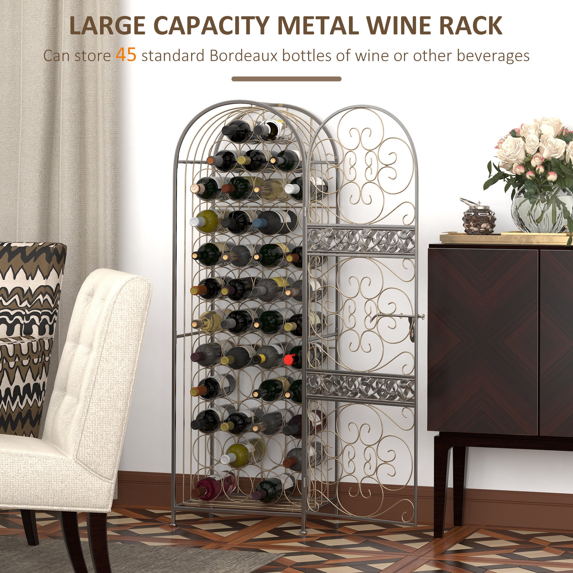 Homcom 45 Bottle Wrought Iron Wine Rack Jail With Lock Antique Bronze Bronze Iron