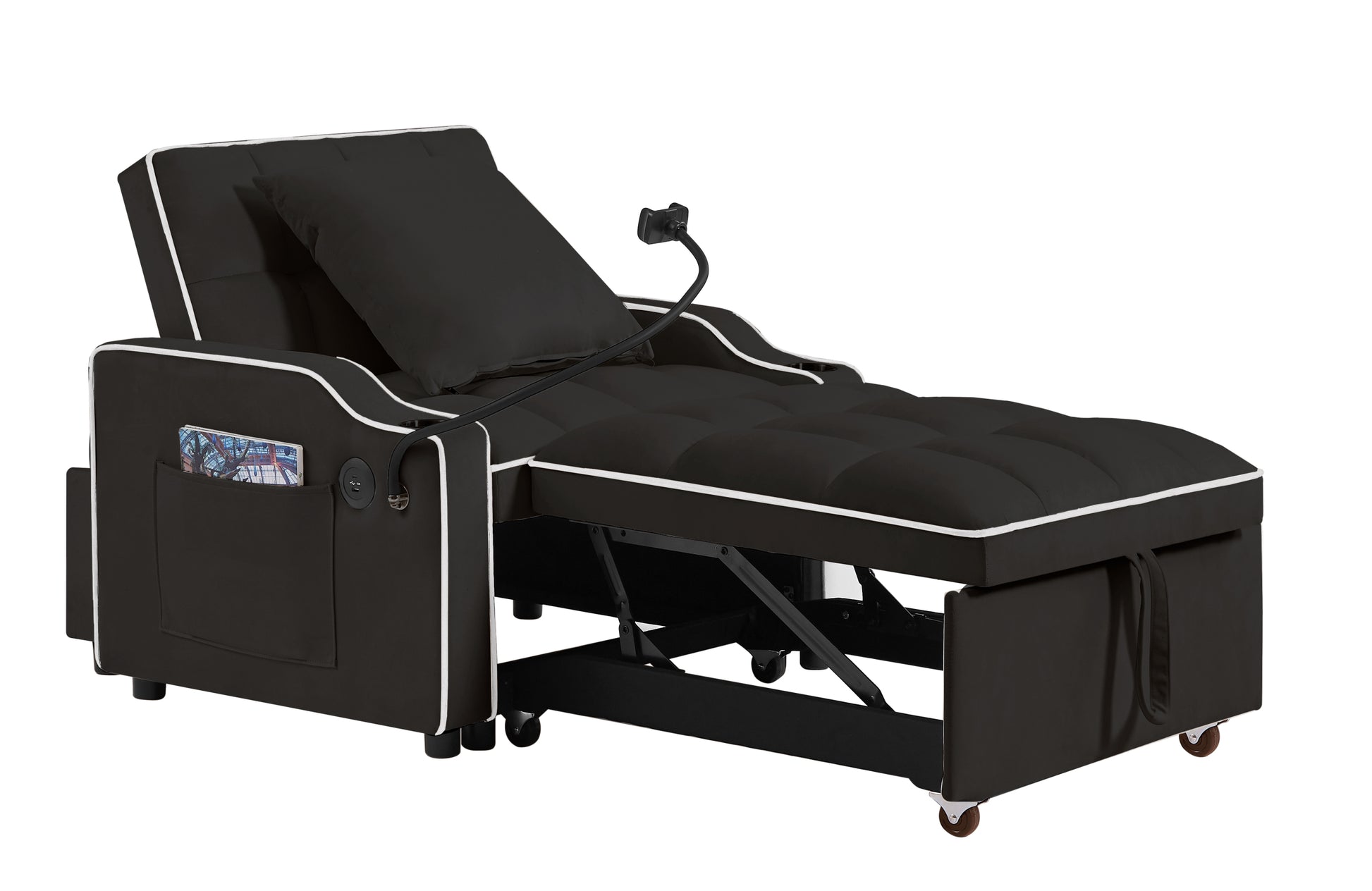 3 In 1 Sofa Bed, Convertible Sleeper Chair Sofa Bed Adjustable Pull Out Sleeper Chair Bed Multi Pockets Folding Sofa Bed For Living Room Bedroom Small Space Black Black Velvet 1 Seat