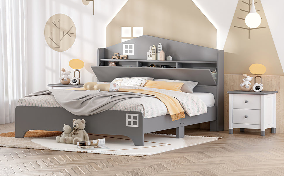 Wooden Full Size House Bed With Storage Headboard ,Kids Bed With Storage Shelf,Grey Grey Wood