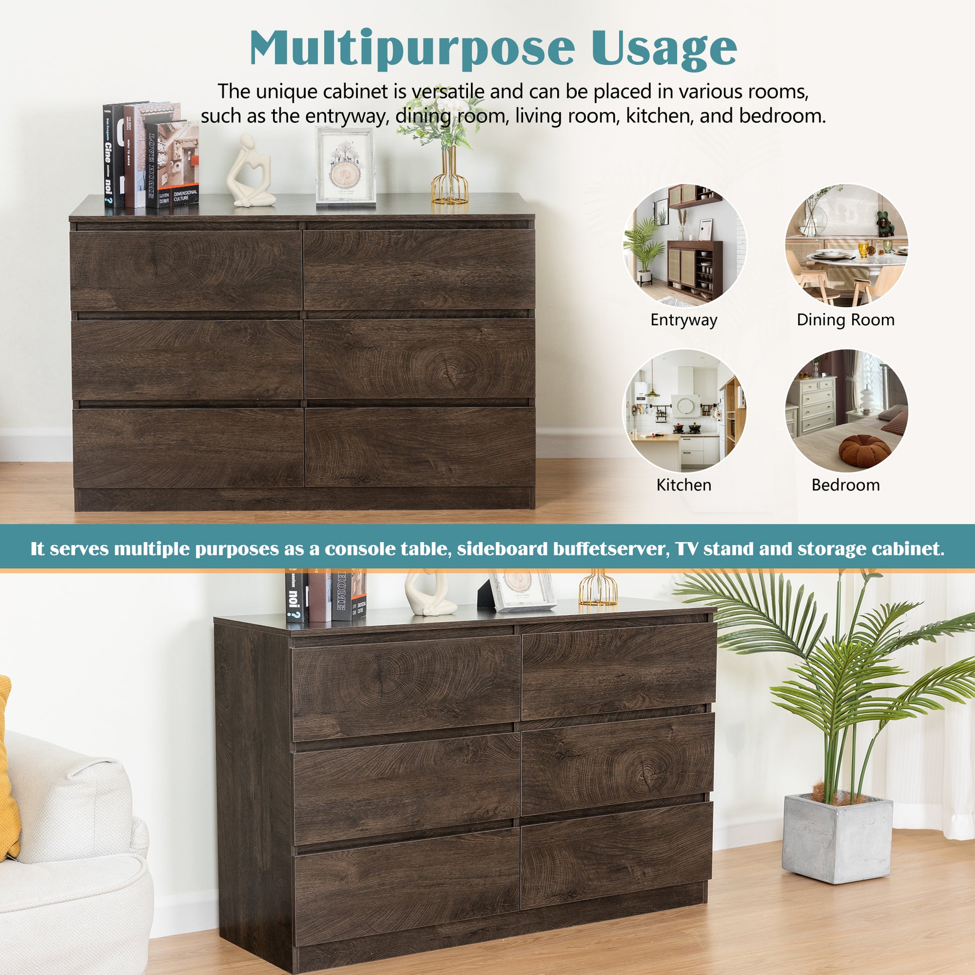 Drawer Dresser Cabinet, Sideboard, Bar Counter, Buffet Counter, Table Lockers, Three Plus Three Drawers Audit, Can Be Used For Dining Room, Living Room, Bedroom, Kitchen Corridor, Color: Dark Gray Standard 5 Or More Drawers Dark Gray Drawers Included