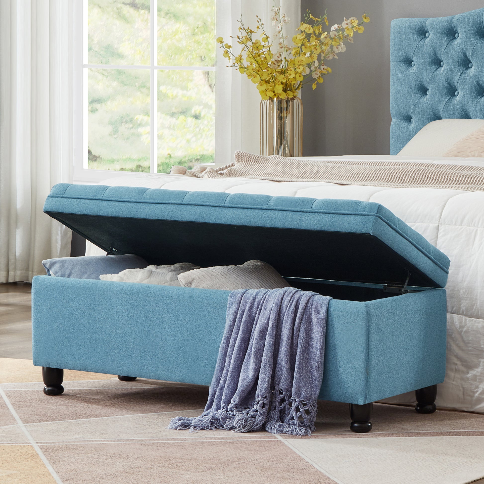 Upholstered Tufted Button Storage Bench ,Linen Fabric Entry Bench With Spindle Wooden Legs, Bed Bench Light Blue Tufted Light Blue Espresso Linen Or Linen Blend Primary Living Space Black American Design Rubberwood Wood Internal Storage Foam Linen