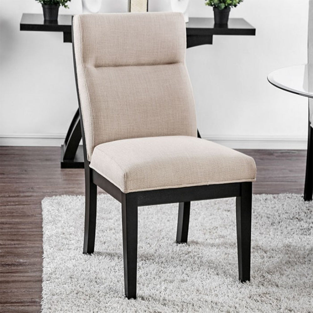 Set Of 2 Padded Fabric Dining Chairs In Black And Beige Solid Beige Dining Room Dining Chairs Wood Fabric