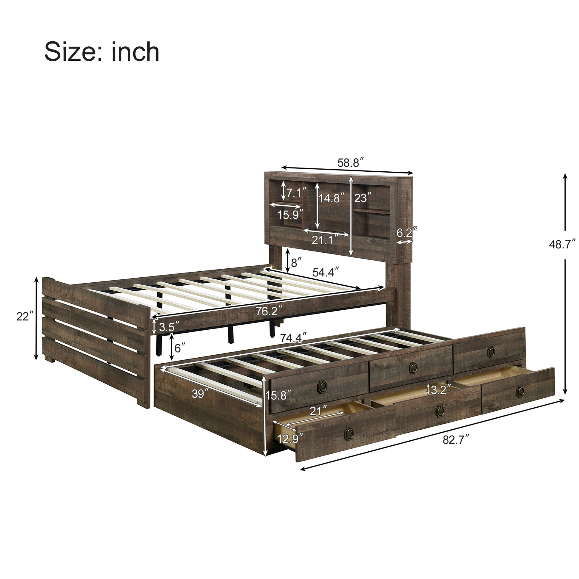 2 Pieces Bedroom Sets Farmhouse Style Full Size Bookcase Captain Bed And Nightstand, Rustic Brown Full Rustic Brown Bed Included,Nightstand Included Plywood