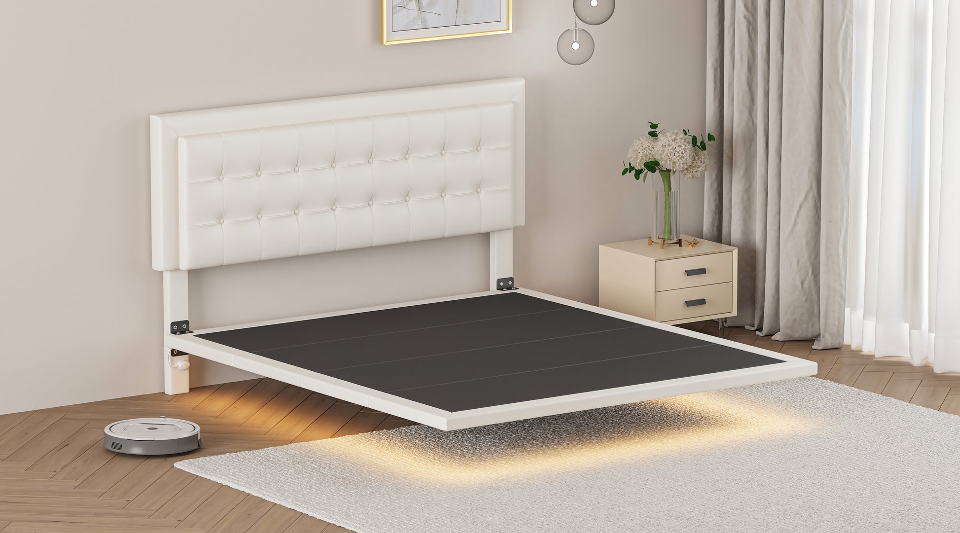 Queen Size Floating Bed Frame With Motion Activated Night Lights,Modern Pu Upholstered Button Tufted Platform Bed Frame,White White Pu