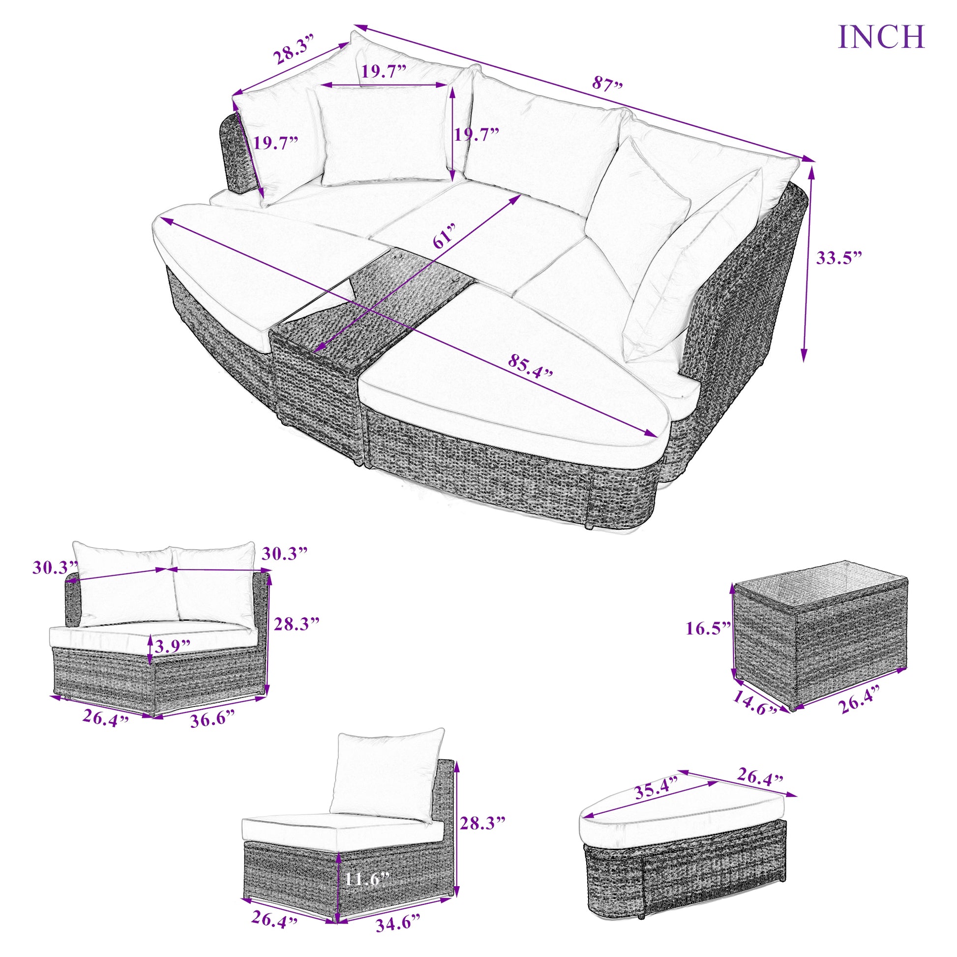 6 Piece Patio Outdoor Conversation Round Sofa Set, Pe Wicker Rattan Separate Seating Group With Coffee Table, Brown Yes Deep Seating Brown Weather Resistant Frame Water Resistant Cushion Garden & Outdoor Sofa Seating Groups Foam Rattan