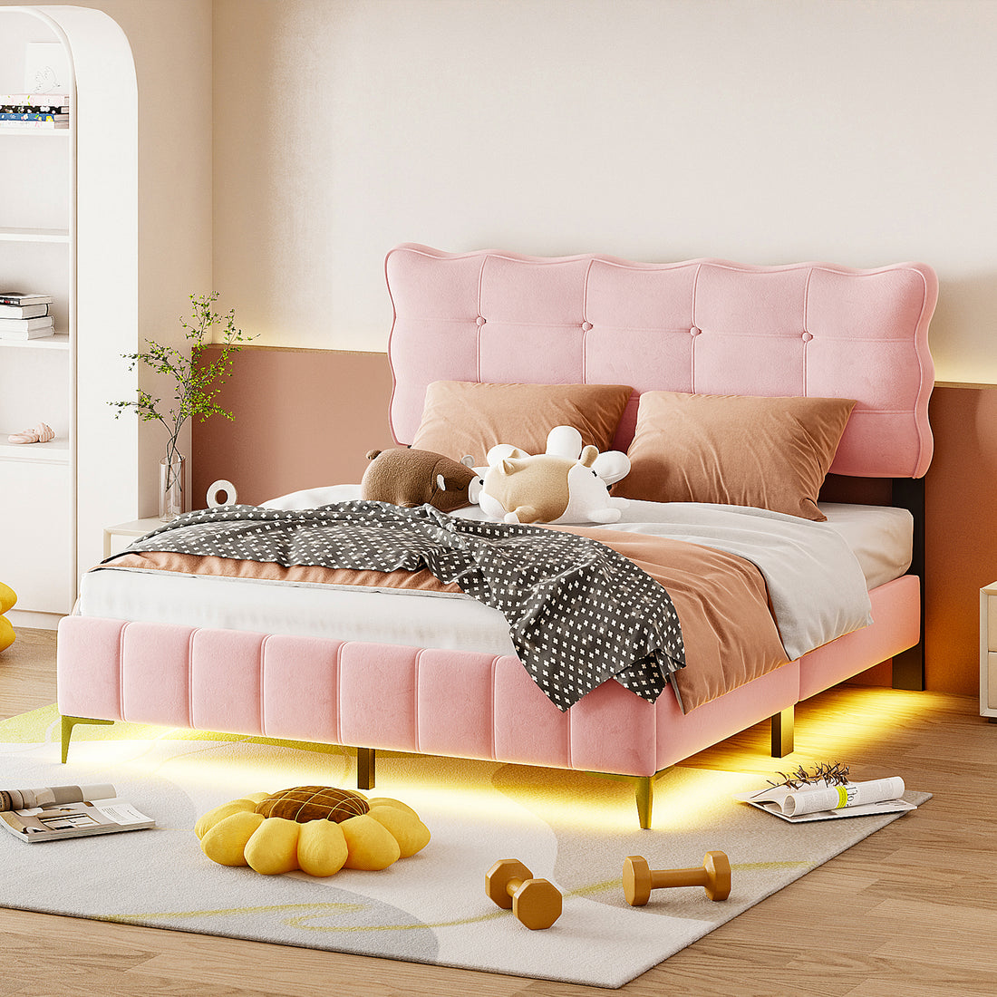 Queen Size Velvet Platform Bed With Led Frame And Stylish Mental Bed Legs, Pink Pink Velvet