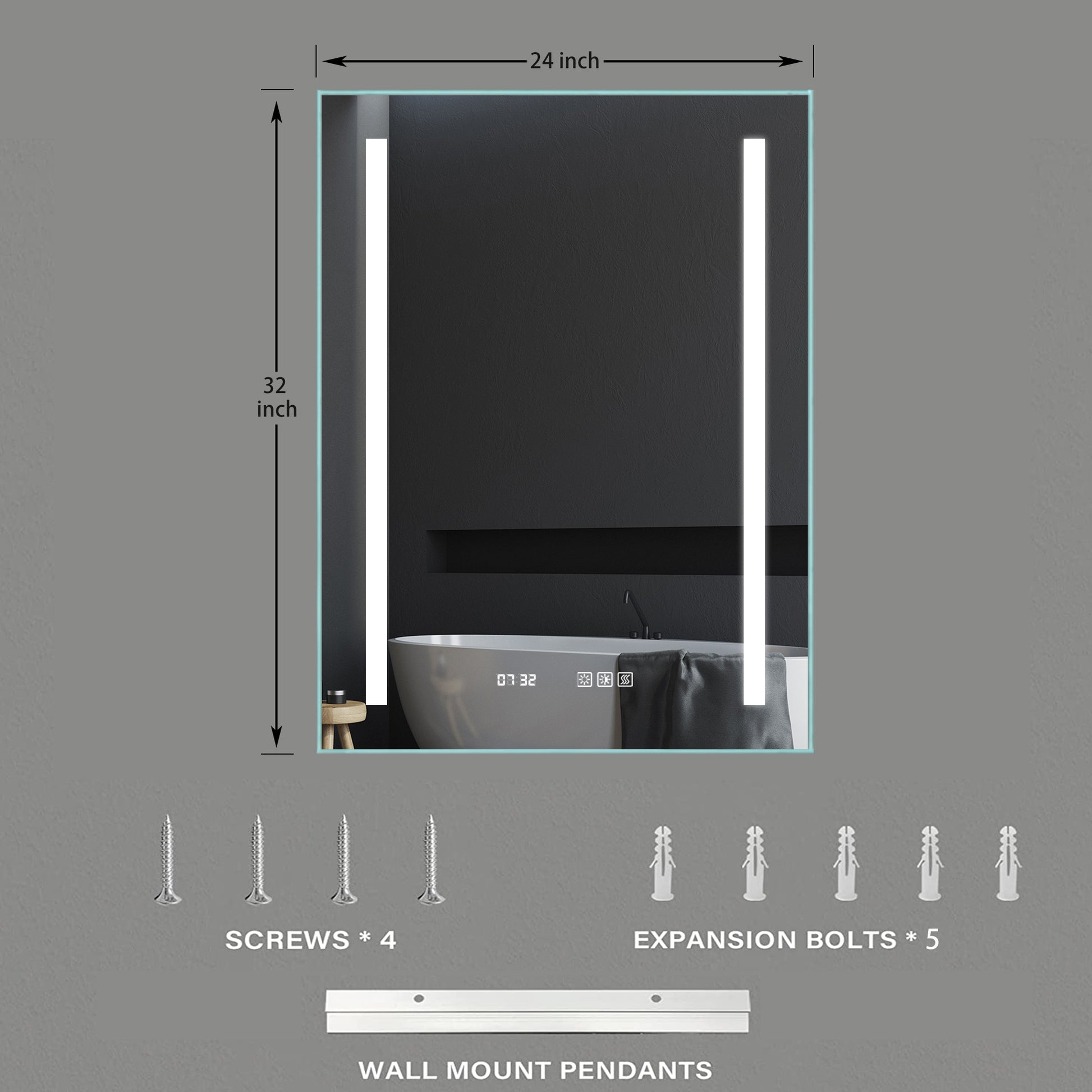 Led Bathroom Vanity Mirror24*32 Inch,Front Light,Clock&Room Temp Display,Defog,Stepless Dimming,Night Light,Lights 3 Color Temper Change,Wall Mounted Led Bathroom Mirror 24X32 Silver Aluminum
