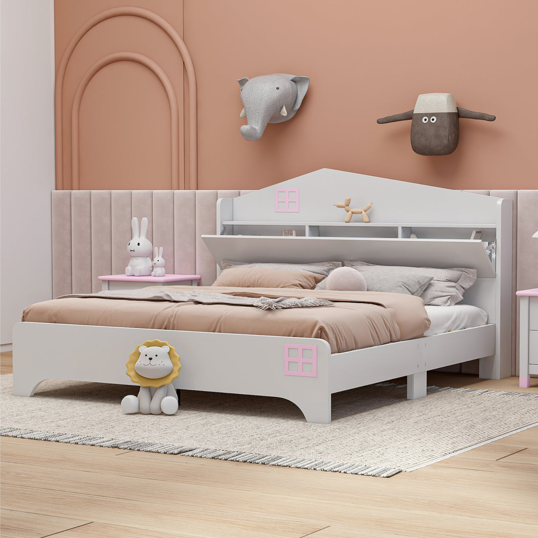 Wooden Full Size House Bed With Storage Headboard ,Kids Bed With Storage Shelf,White White Wood