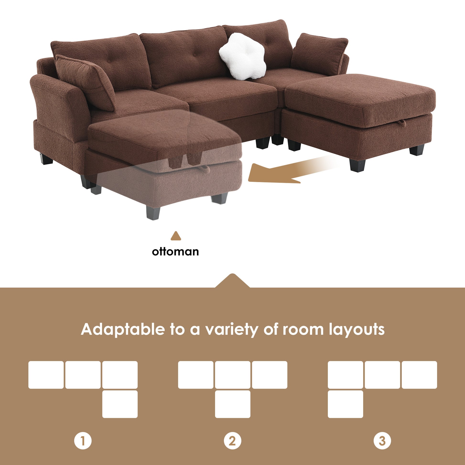 92*63"Modern Teddy Velvet Sectional Sofa,Charging Ports On Each Side,L Shaped Couch With Storage Ottoman,4 Seat Interior Furniture For Living Room, Apartment,3 Colors 3 Pillows Brown Teddy 4 Seat