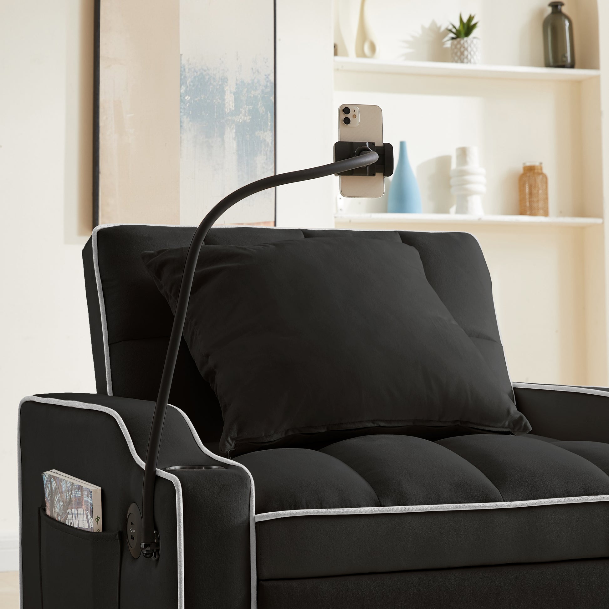 3 In 1 Sofa Bed, Convertible Sleeper Chair Sofa Bed Adjustable Pull Out Sleeper Chair Bed Multi Pockets Folding Sofa Bed For Living Room Bedroom Small Space Black Black Velvet 1 Seat