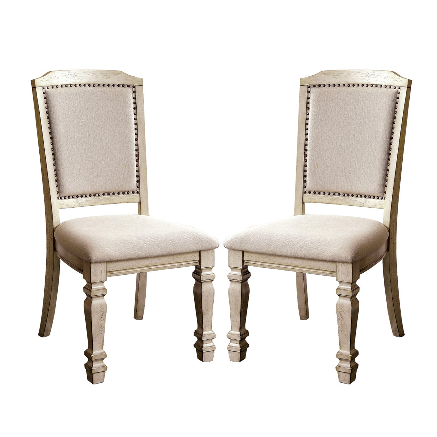 Set Of 2 Padded Fabric Dining Chairs In Antique White And Ivory Solid Antique White Dining Room Dining Chairs Wood Fabric