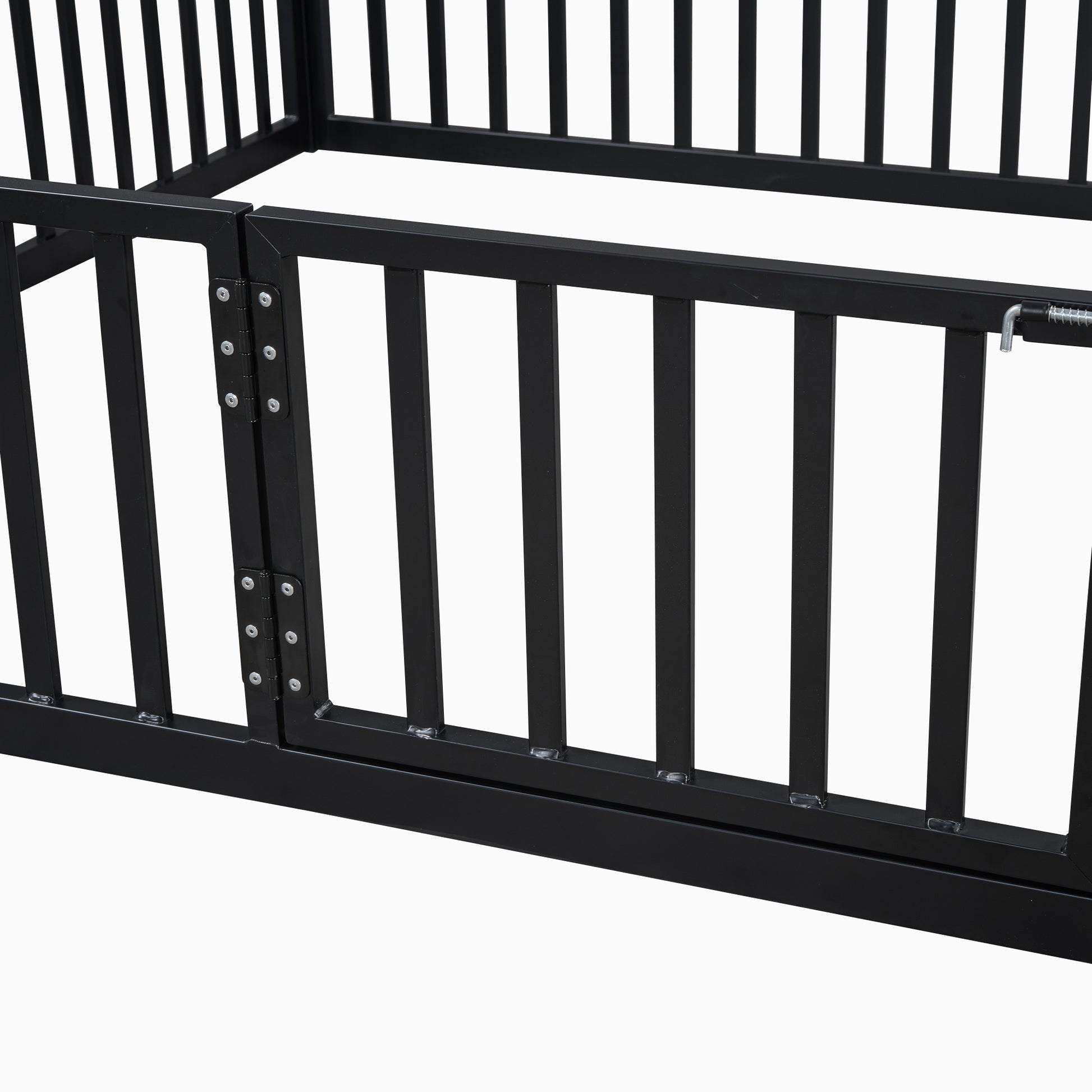 Twin Size Metal House Bed With Fence And Door, Black Black Metal