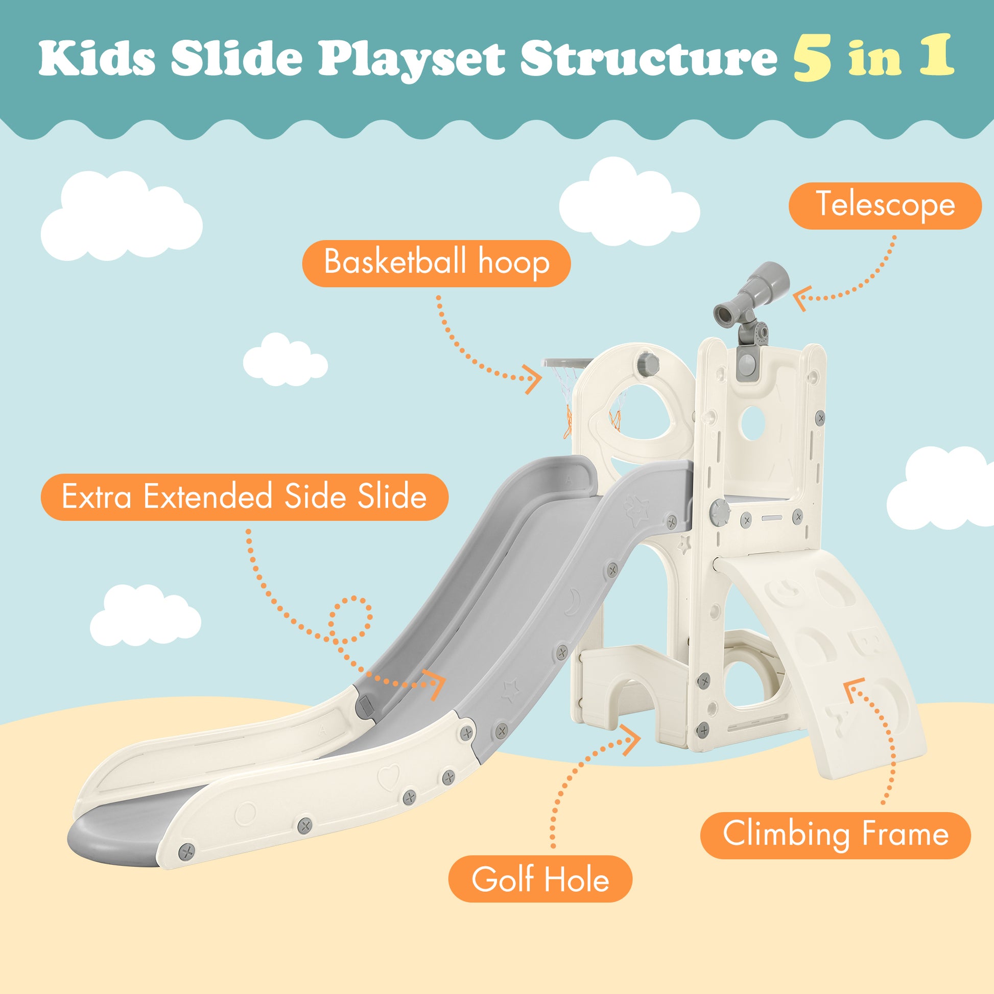 Kids Slide Playset Structure 5 In 1, Freestanding Space Set With Slide, Telescope And Basketball Hoop, Golf Holes For Toddlers, Kids Climbers Playground Grey White Hdpe