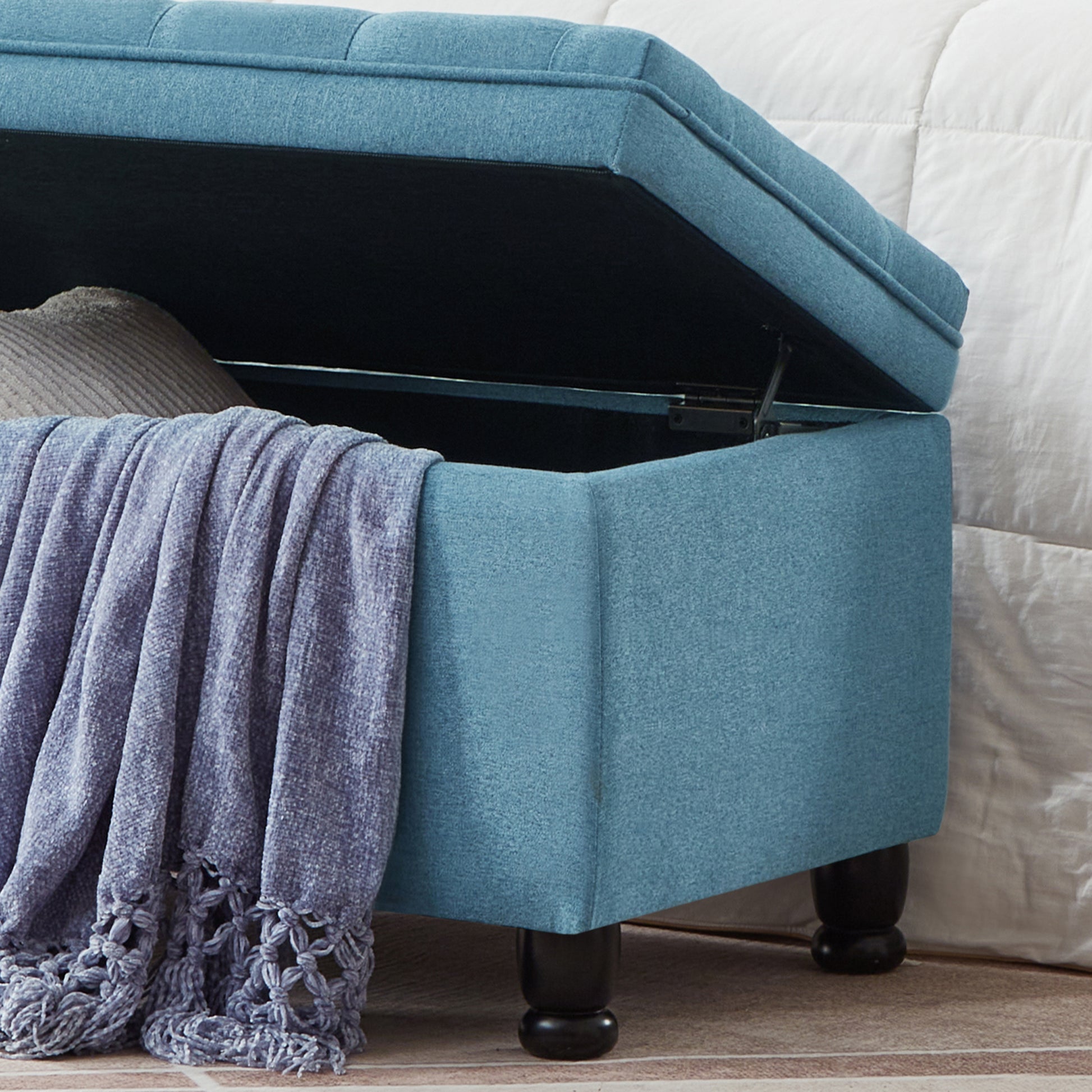 Upholstered Tufted Button Storage Bench ,Linen Fabric Entry Bench With Spindle Wooden Legs, Bed Bench Light Blue Tufted Light Blue Espresso Linen Or Linen Blend Primary Living Space Black American Design Rubberwood Wood Internal Storage Foam Linen