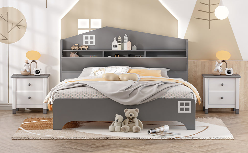 Wooden Full Size House Bed With Storage Headboard ,Kids Bed With Storage Shelf,Grey Grey Wood