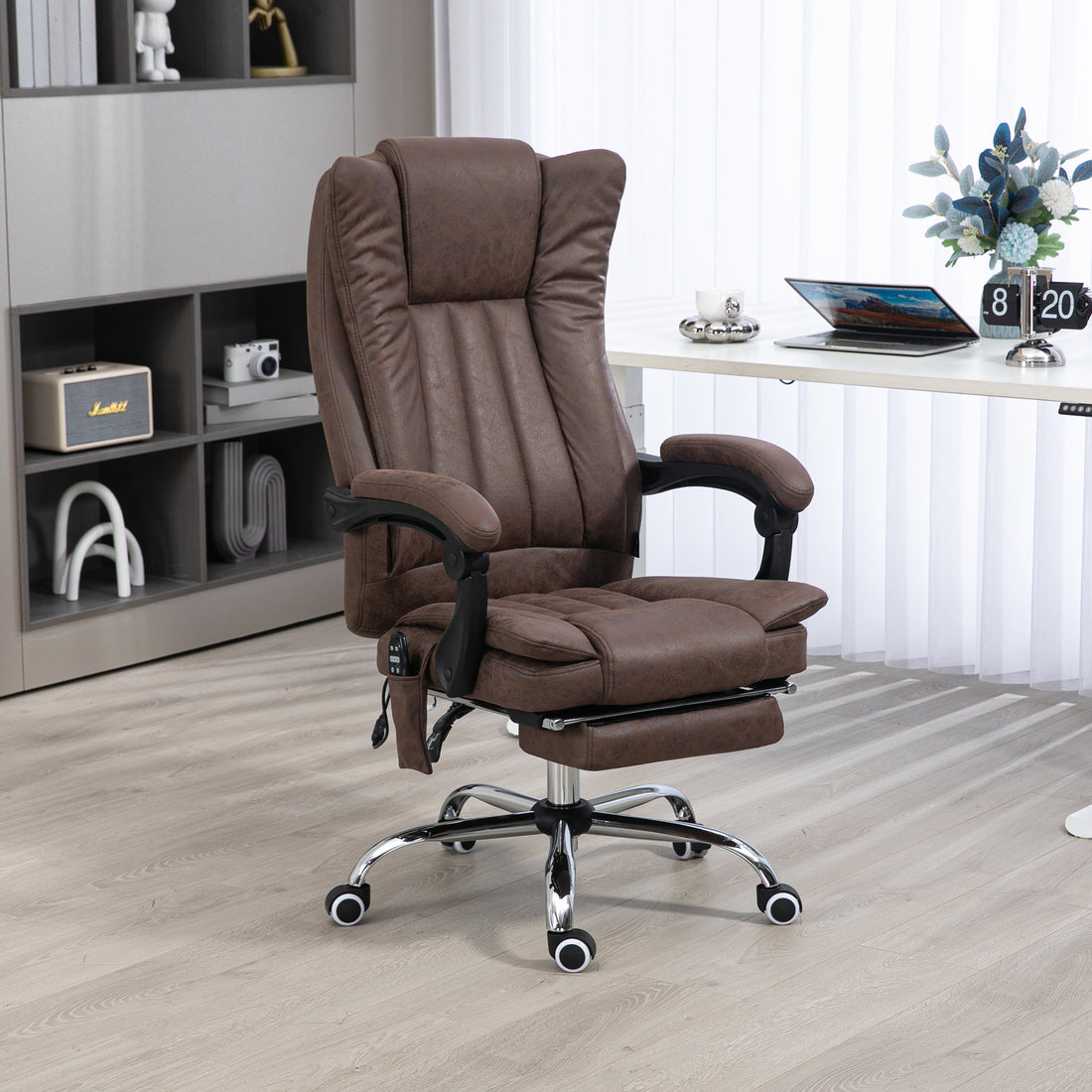 Vinsetto Microfiber Office Chair, High Back Computer Chair With 6 Point Massage, Heat, Adjustable Height And Retractable Footrest, Coffee Brown Polyester