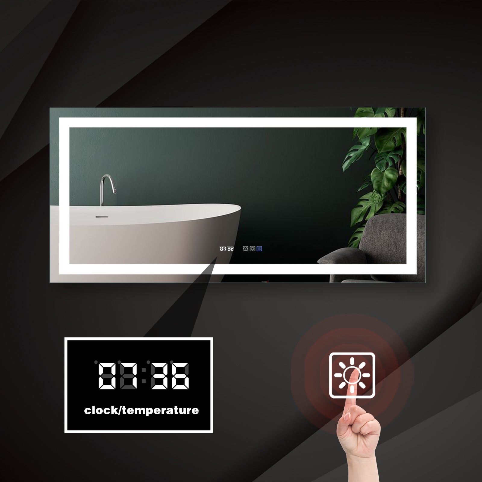 Led Bathroom Vanity Mirror60 X 28 Inch,Front Light,Clock&Room Temp Display,Defog,Stepless Dimming,Night Light,Lights 3 Color Temper Change,Wall Mounted Led Bathroom Mirror 60X28 Silver Aluminum