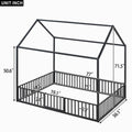 Full Size Metal House Bed With Fence And Door, Black Black Metal