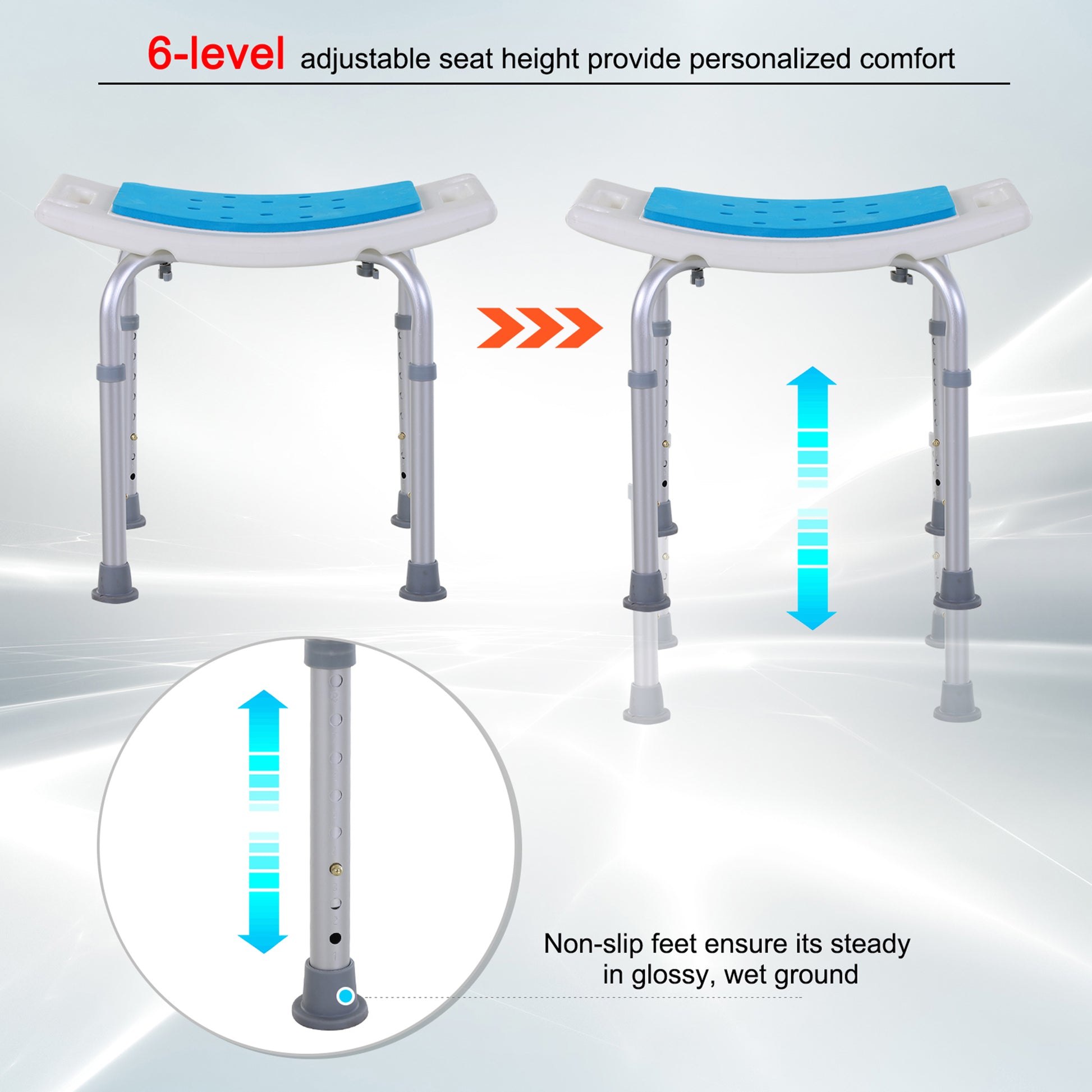 Homcom 6 Level Adjustable Curved Bath Stool Spa Shower Chair Non Slip Design For The Elderly, Injured, & Pregnant Women Blue Aluminum
