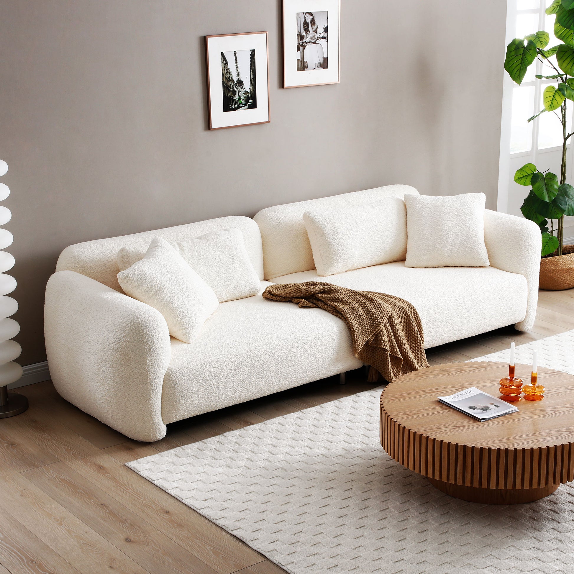 110.23'' Oversized Sofa Comfy Teddy Boucl Couch With 4 Pillows Premium 3 Seater Bubble Couch For Living Room Bedroom,Home Office Beige Beige Teddy
