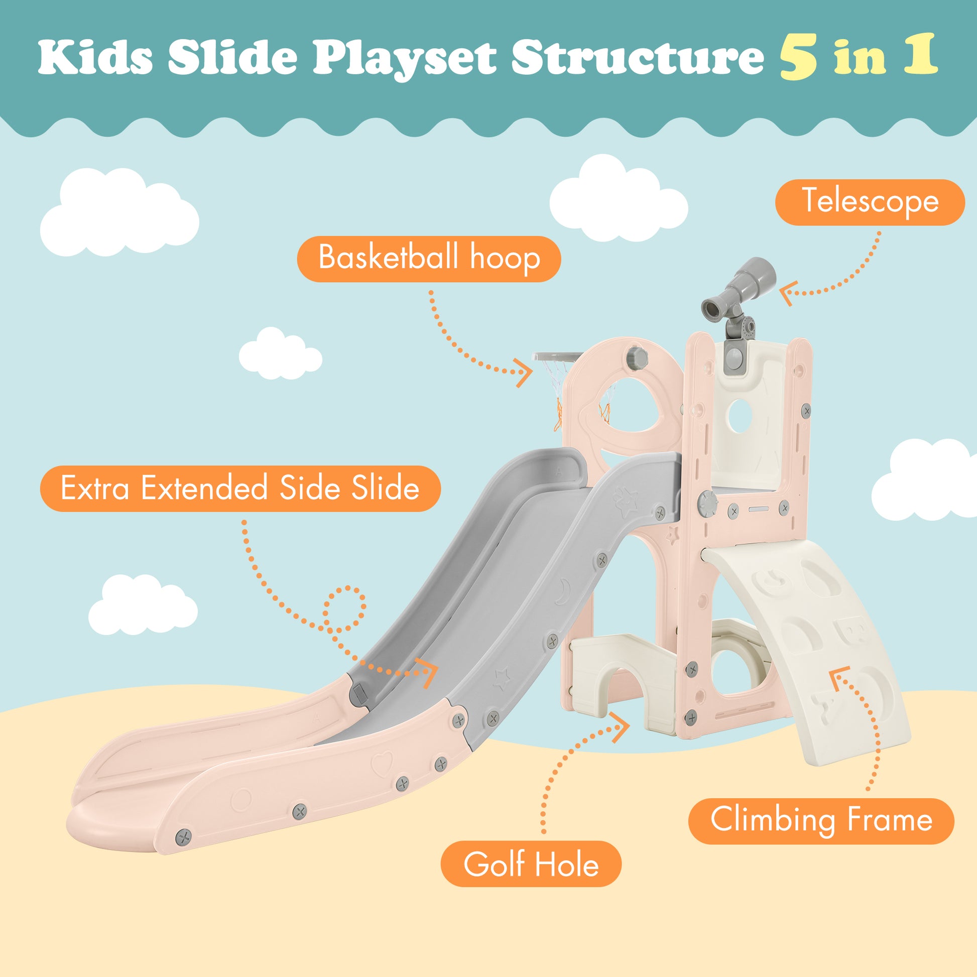 Kids Slide Playset Structure 5 In 1, Freestanding Space Set With Slide, Telescope And Basketball Hoop, Golf Holes For Toddlers, Kids Climbers Playground Pink Grey Hdpe