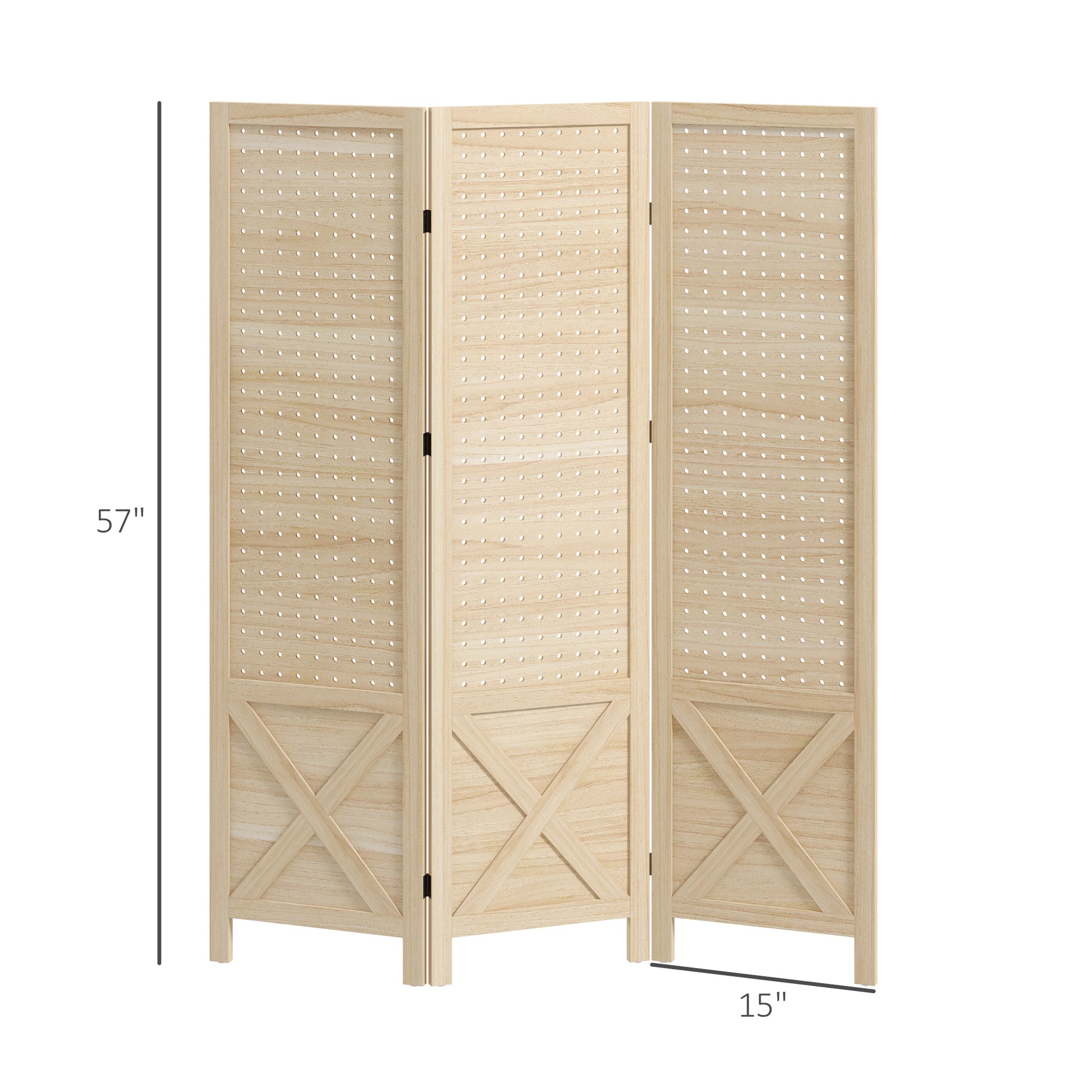 Homcom 3 Panel Pegboard Display Room Divider, 4.7' Tall Wood Indoor Portable Folding Privacy Screen, Partition Wall Divider For Home Office, Natural Natural Wood