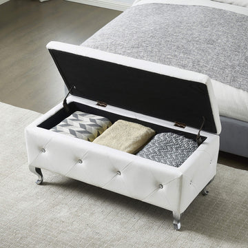 Upholstered Storage Ottoman Bench For Bedroom End Of Bed Faux Leather Rectangular Storage Benches Footrest With Crystal Buttons For Living Room Entryway White White Bedroom Black Pine Wood White Pu Vanity Stools Faux Leather Rectangular American