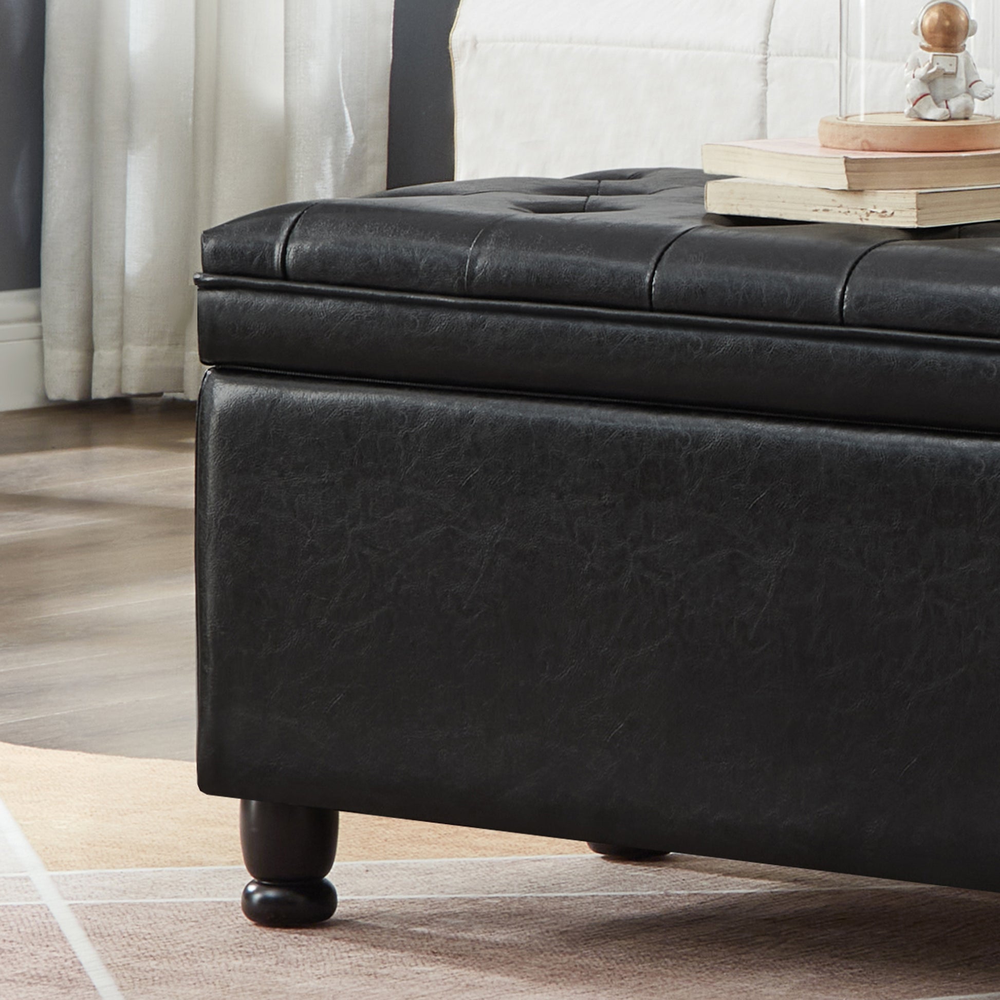 Upholstered Tufted Button Storage Bench ,Faux Leather Entry Bench With Spindle Wooden Legs, Bed Bench Black Tufted Black Espresso Linen Or Linen Blend Primary Living Space Black American Design Rubberwood Wood Internal Storage Foam Pu