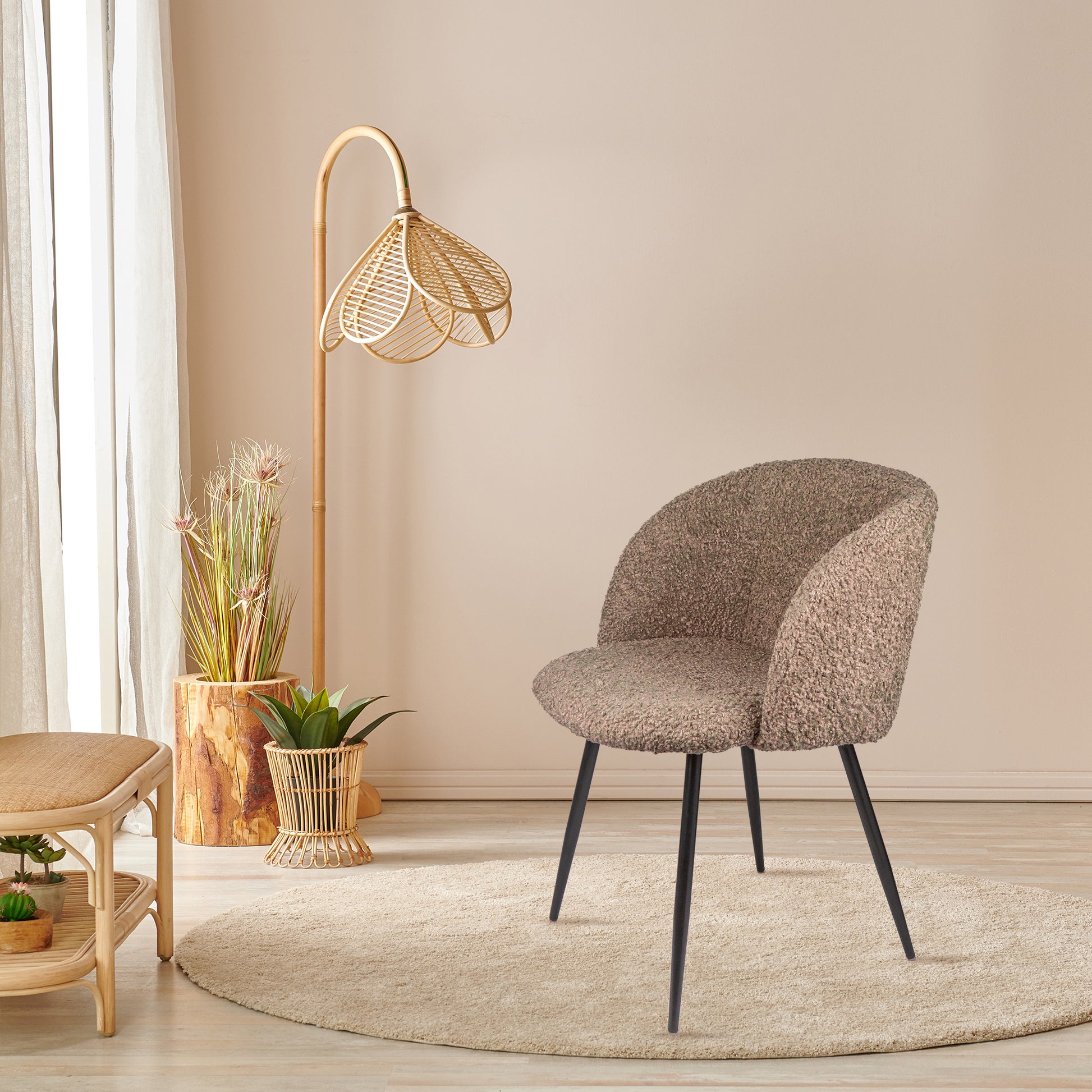 Adjust Legs Upholstered Teddy Faux Fur Dining Armrest Chair Set Of 2 Light Brown Metal Light Brown Dining Room Powder Coated Foam Dry Clean Round Mid Century Modern Solid Back Foam Polyester