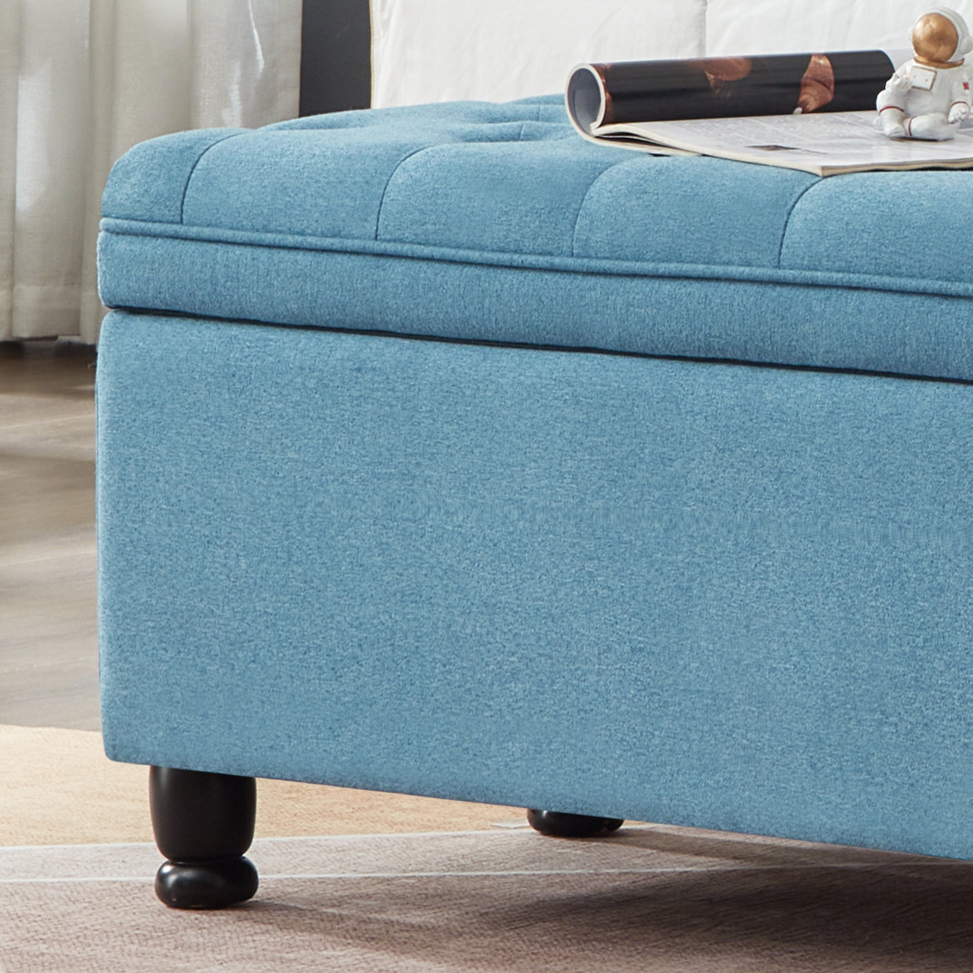 Upholstered Tufted Button Storage Bench ,Linen Fabric Entry Bench With Spindle Wooden Legs, Bed Bench Light Blue Tufted Light Blue Espresso Linen Or Linen Blend Primary Living Space Black American Design Rubberwood Wood Internal Storage Foam Linen