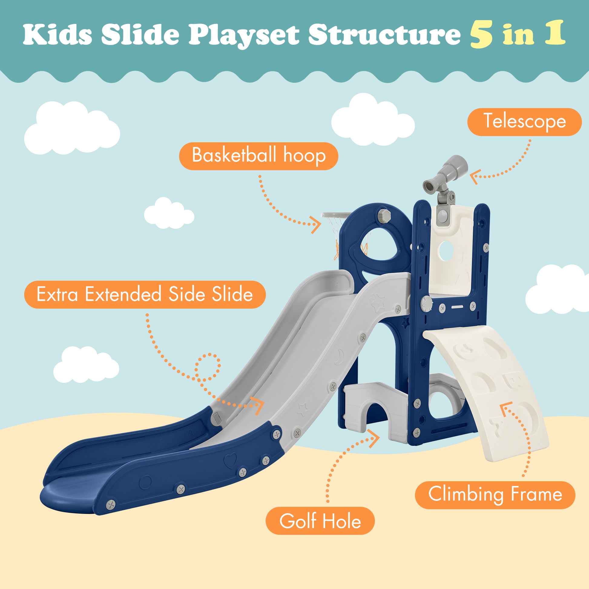 Kids Slide Playset Structure 5 In 1, Freestanding Space Set With Slide, Telescope And Basketball Hoop, Golf Holes For Toddlers, Kids Climbers Playground Blue Grey Hdpe