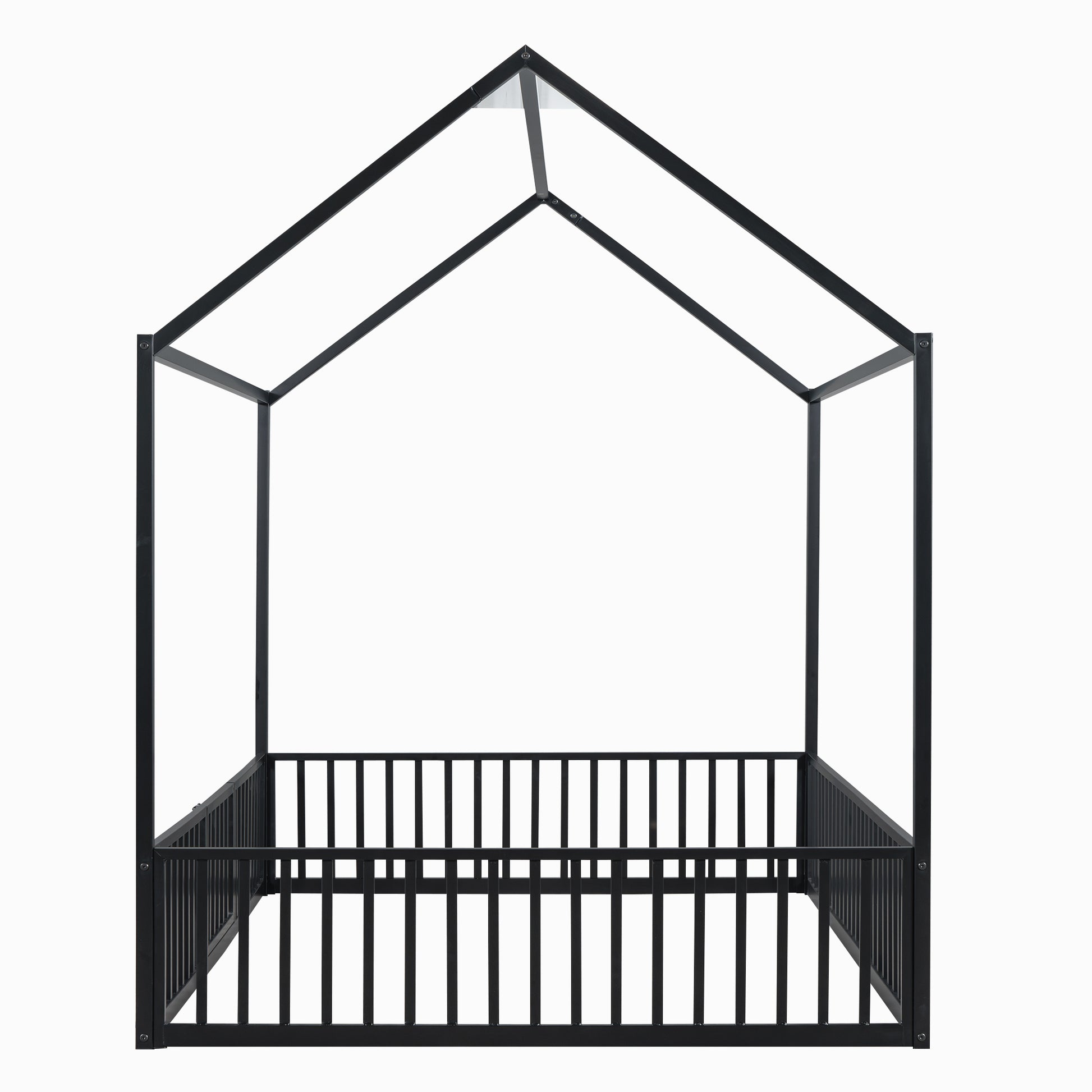 Full Size Metal House Bed With Fence And Door, Black Black Metal