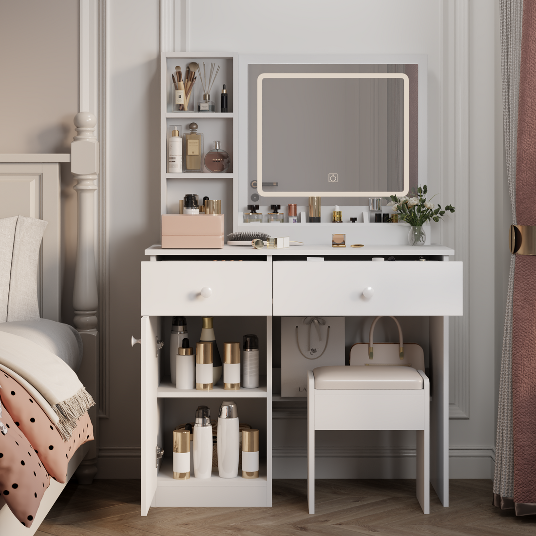 Fashion Vanity Desk With Mirror And Lights For Makeup, Vanity Mirror With Lights And Table Set With 3 Color Lighting Brightness Adjustable, 2 Big Drawers, White Color White Mdf