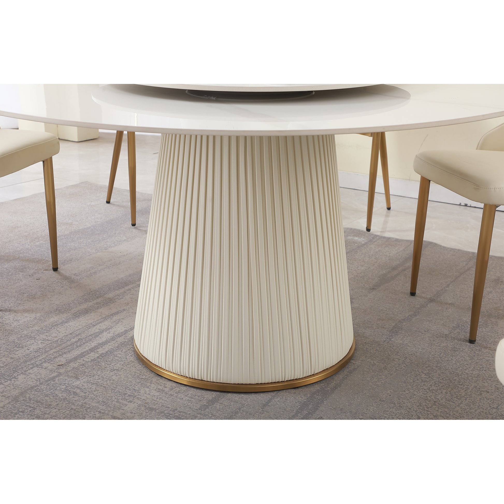 59"Modern Sintered Stone Dining Table With 31.5" Round Turntable With Wood And Metal Exquisite Pedestal With 8 Pcs Chairs . White Seats 8 American Design Round Sintered Stone