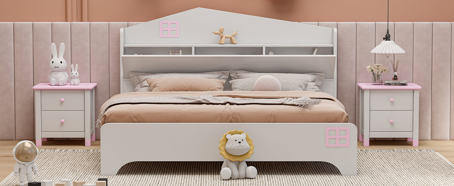 Wooden Full Size House Bed With Storage Headboard ,Kids Bed With Storage Shelf,White White Wood