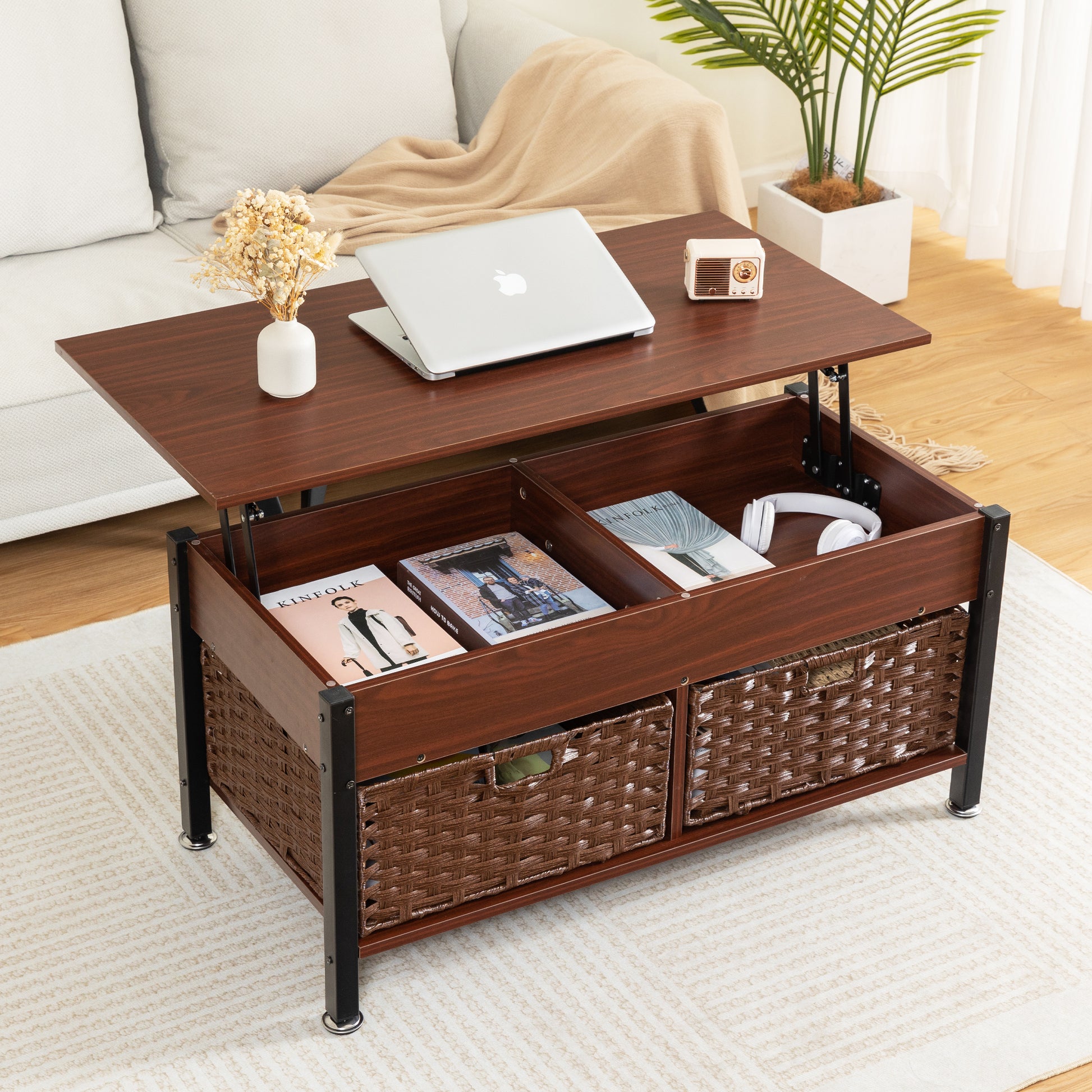 Metal Coffee Table,Desk,With A Lifting Table,And Hidden Storage Space.There Were Two Removable Wicker Baskets That Could Be Placed In Any Space Such As The Living Room,Color:Brownwith Solid Wood Grain Brown Height Adjustable & Standing Desks Primary