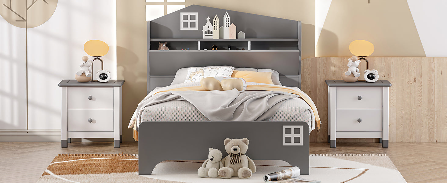 Wooden Twin Size House Bed With Storage Headboard ,Kids Bed With Storage Shelf,Grey Grey Wood