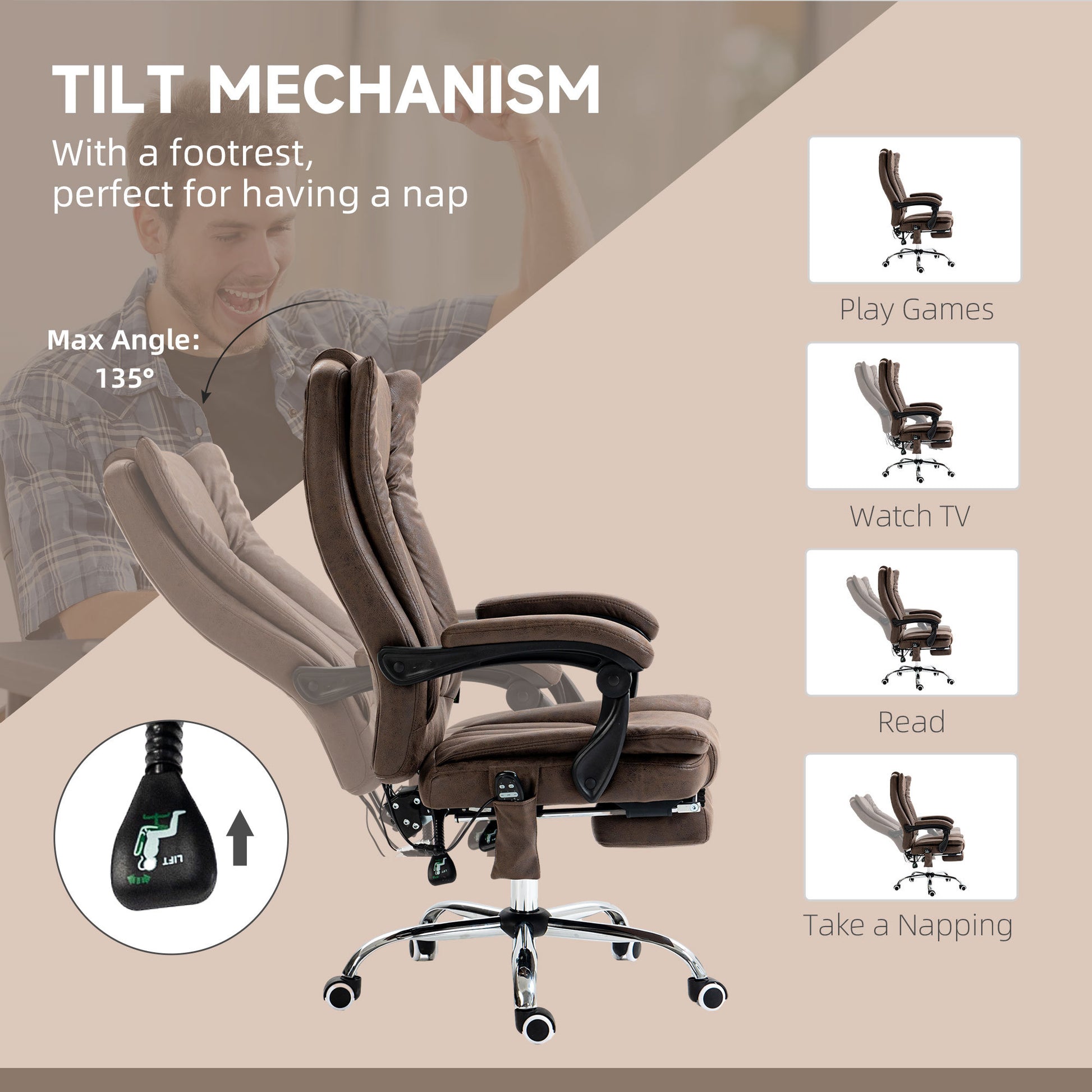 Vinsetto Microfiber Office Chair, High Back Computer Chair With 6 Point Massage, Heat, Adjustable Height And Retractable Footrest, Coffee Brown Polyester