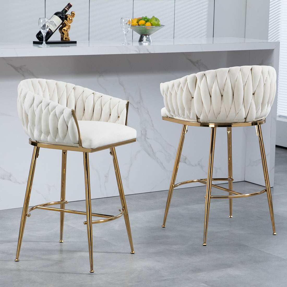 26'' Counter Height Bar Stools Velvet Kitchen Island Counter Bar Stool With Hand Wave Back,Golden Chromed Base And Footrest Beige Beige Kitchen Modern Foam Velvet