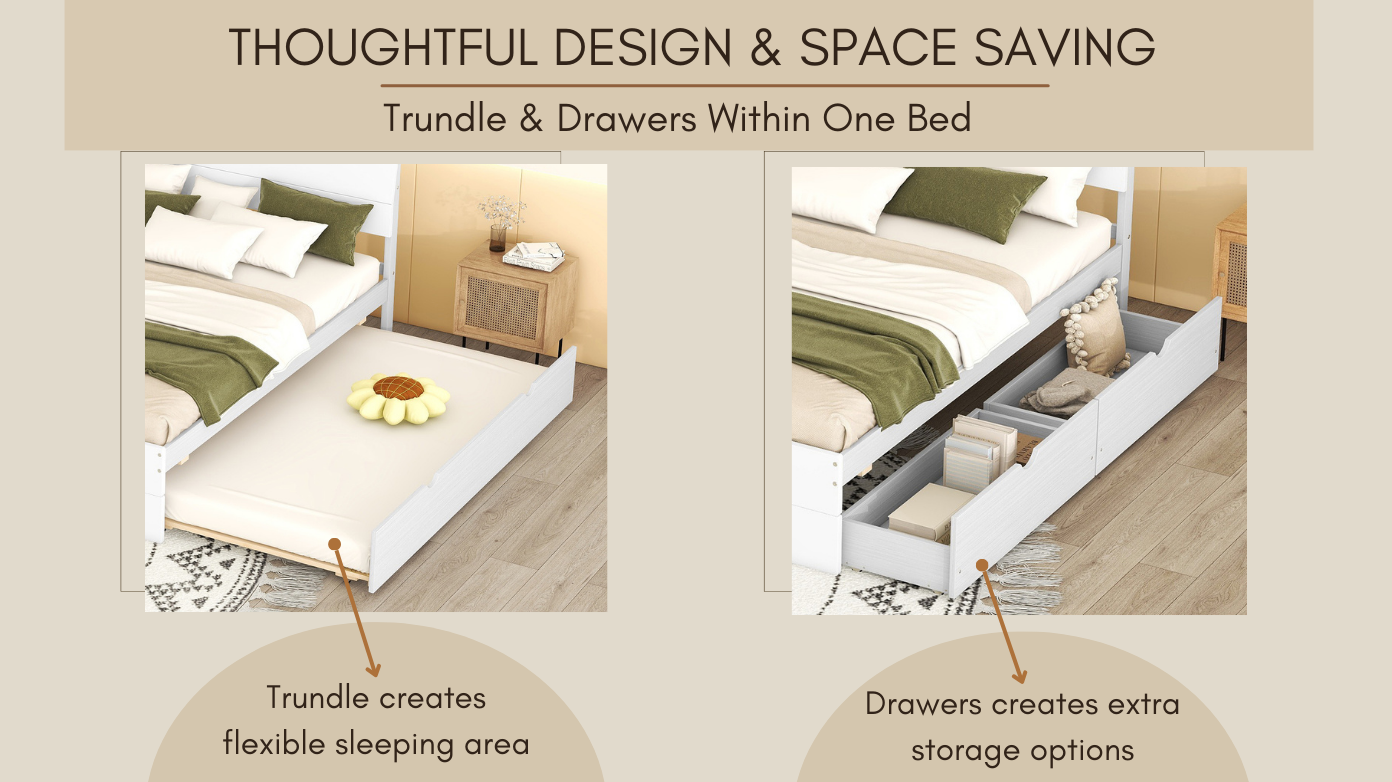 Modern Full Bed Frame With Twin Size Trundle And 2 Drawers For White High Gloss And Washed White Color White Solid Wood Mdf