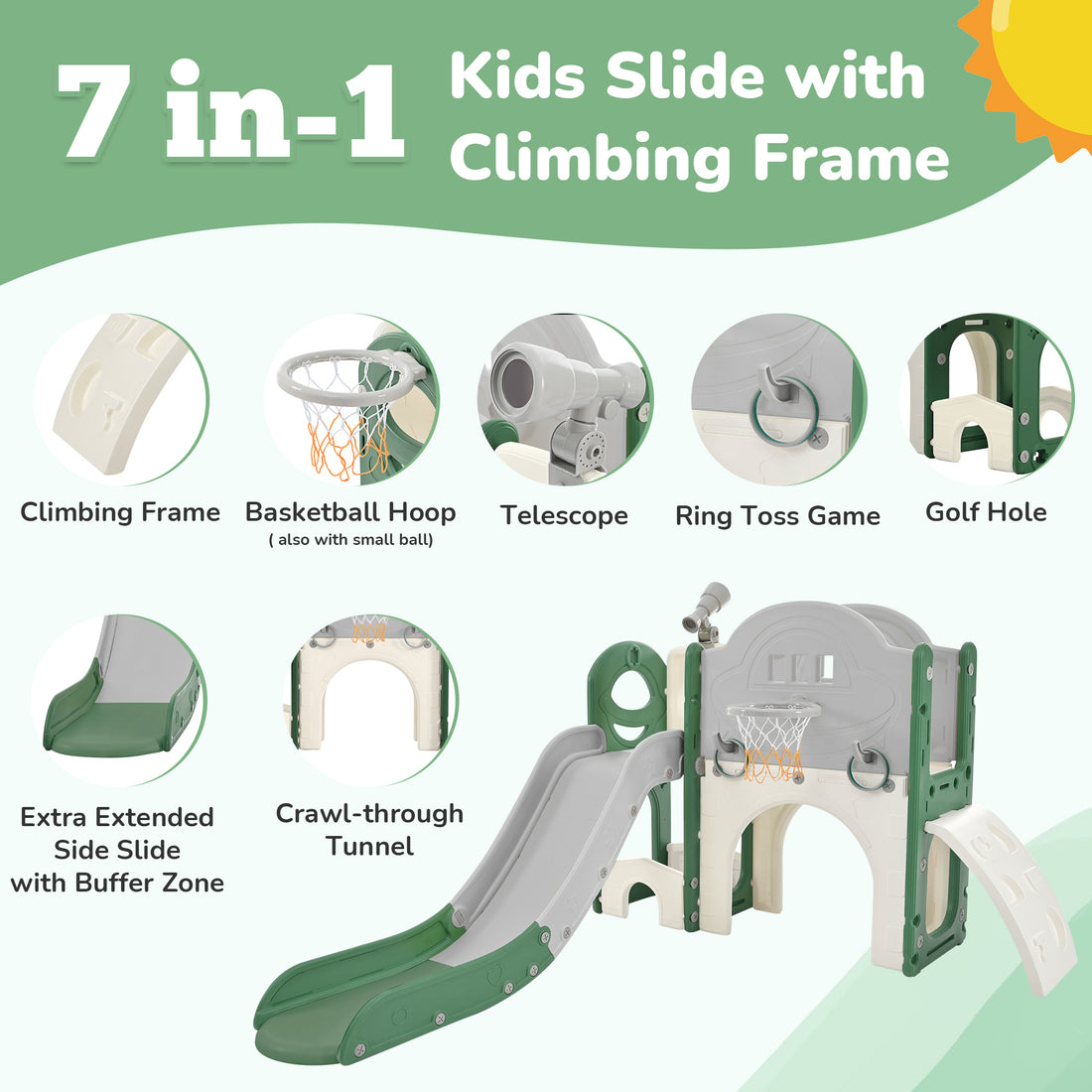 Kids Slide Playset Structure 7 In 1, Freestanding Space Set With Slide, Arch Tunnel, Ring Toss And Basketball Hoop, Toy Storage Organizer For Toddlers, Kids Climbers Playground Green Hdpe