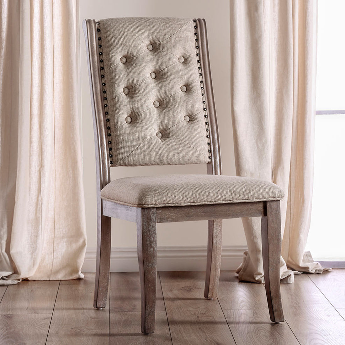 Set Of 2 Beige Upholstered Side Chairs In Rustic Natural Tone Solid Natural Dining Room Dining Chairs Tufted Back Wood Fabric
